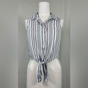 Japna Blue & White Striped Sleeveless Tie-Front Top - 100% Rayon - Size Medium